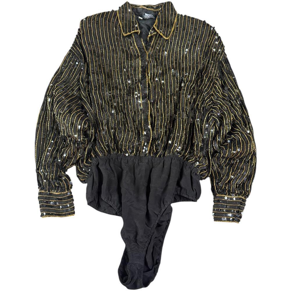 MODI Black Gold Sequin Bodysuit 100% Rayon Vintage 80s Glam Disco M 8-10